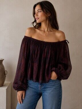 Wilfred Aritzia Burgundy Sheer Pleated Off Shoulder Blouse Snake Print Silk Trim